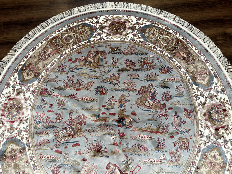 Round Silk Rug 6x6, Hunting Design, Bamboo Silk, Animal Pictorials by Jewel Rugs