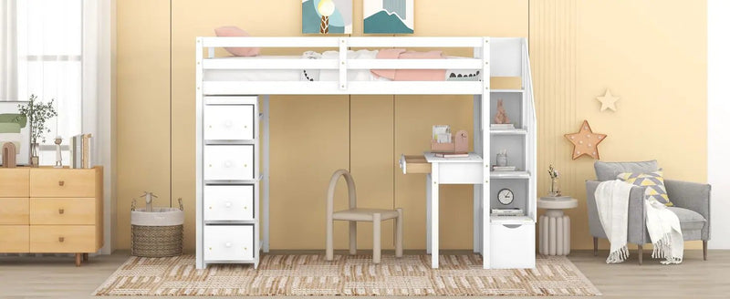 Loft Bed With Storage Drawers, Desk And Stairs With Shelves by HouseOfZazla
