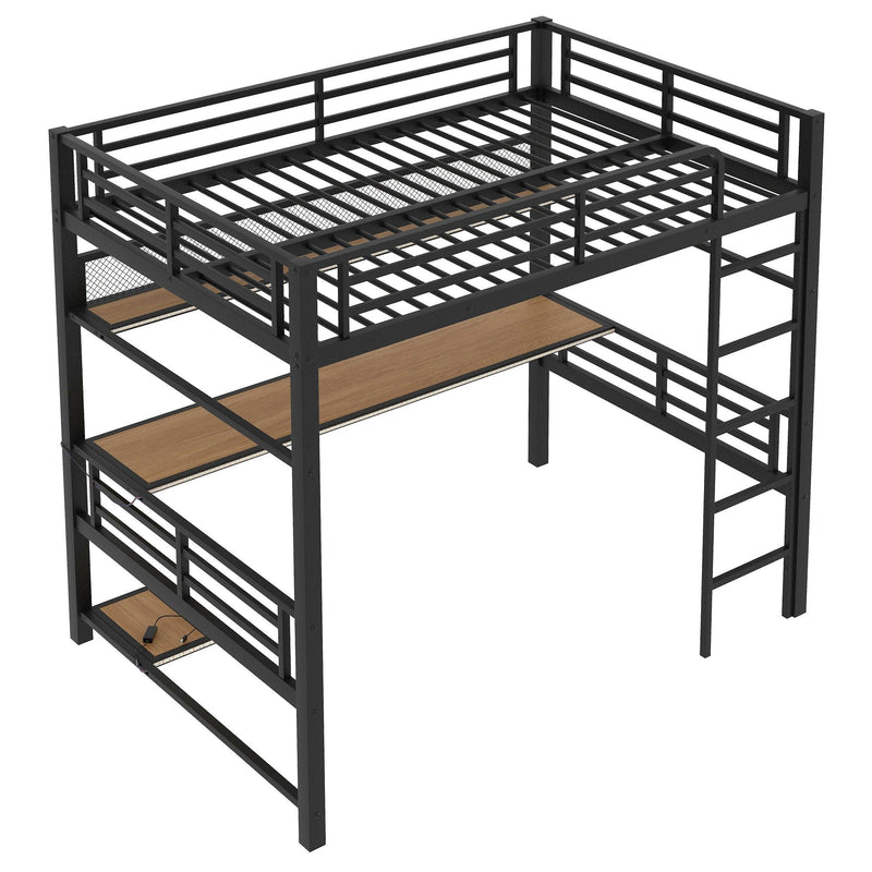 Full Size Loft Bed Frame With Storage Shelf And LED Light - Black by HouseOfZazla