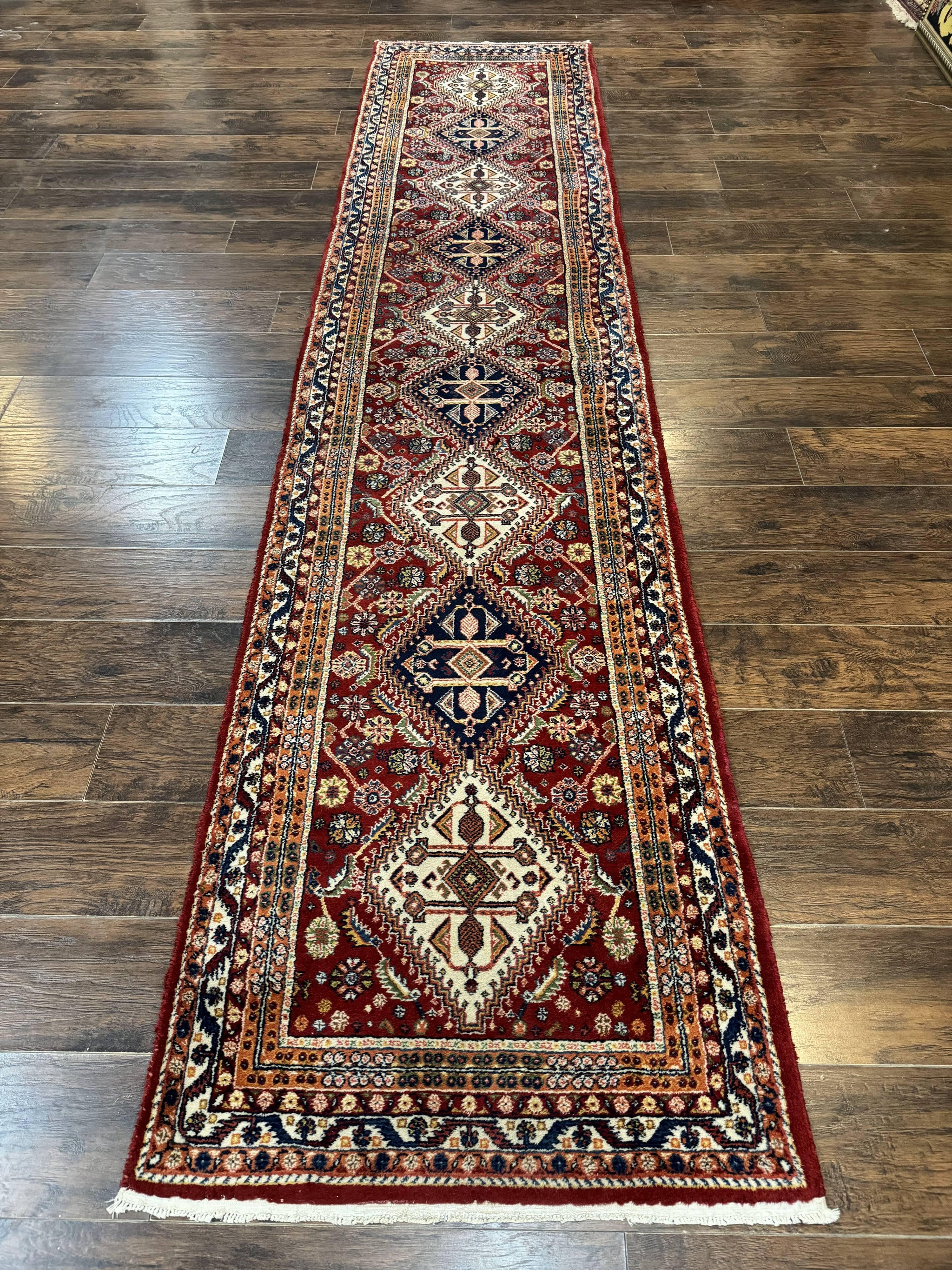 Antique Persian Qashqai Runner Rug 3 x 13 ft, Tribal Runner, Geometric Medallions, Red Ivory Blue, Wool by Jewel Rugs
