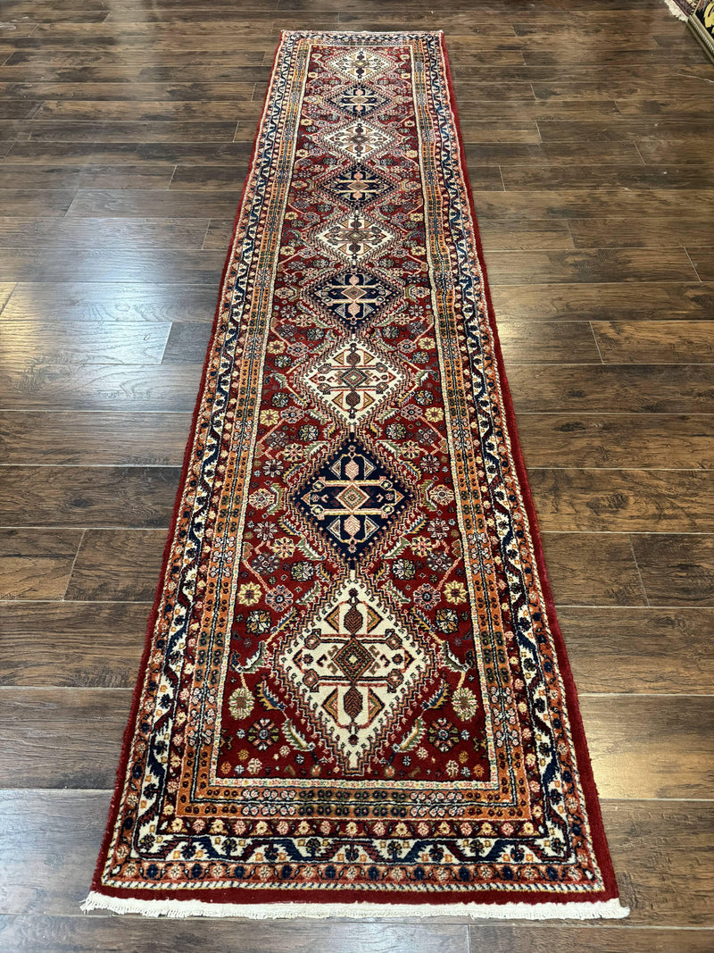 Antique Persian Qashqai Runner Rug 3 x 13 ft, Tribal Runner, Geometric Medallions, Red Ivory Blue, Wool by Jewel Rugs