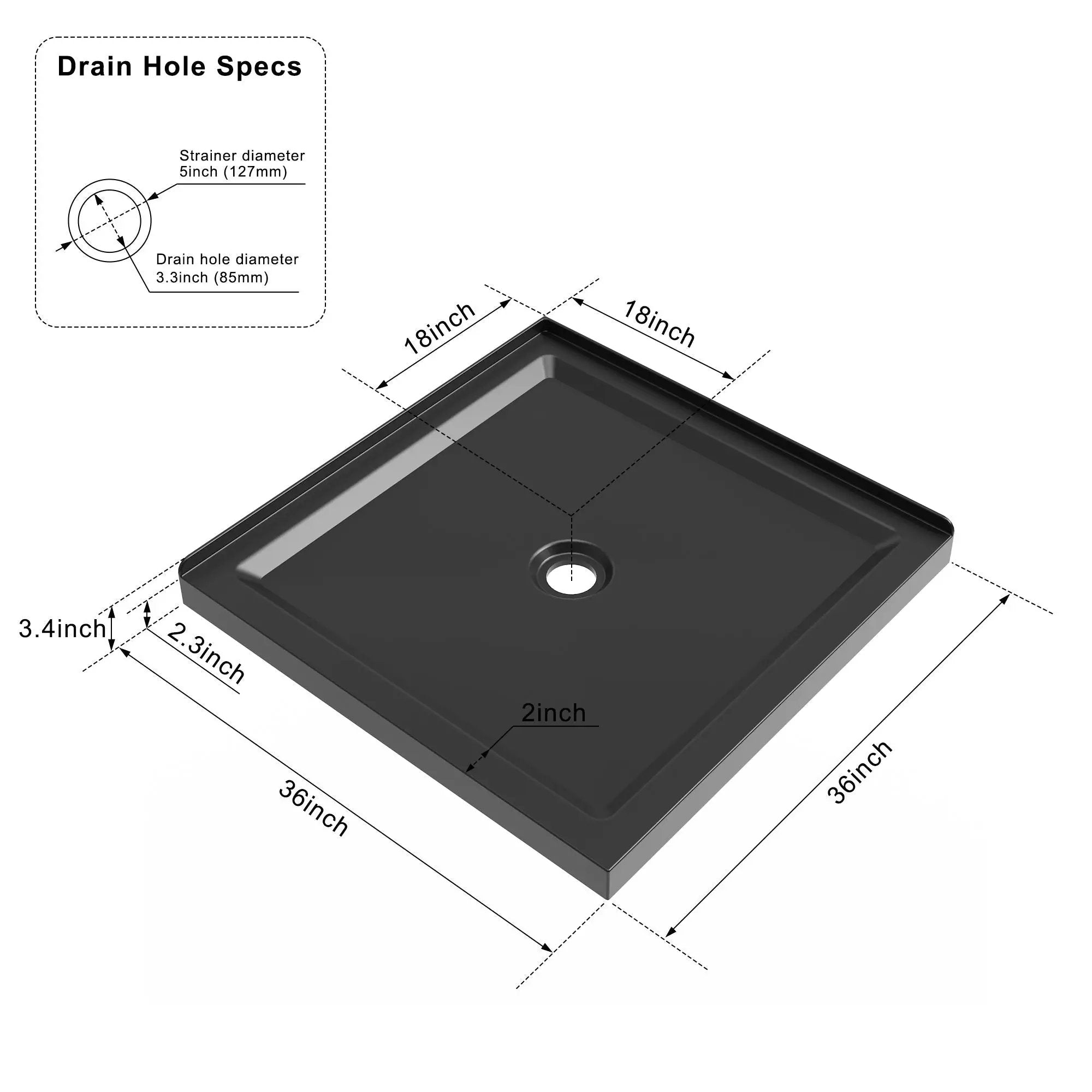 Shower Base, Anti Slip Center Drain Double Threshold - Black by HouseOfZazla