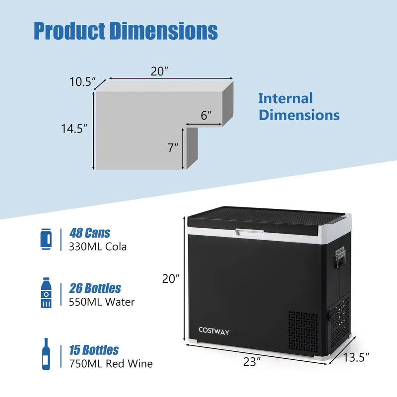 53QT Portable Dual Zone 12V Car Refrigerator Compressor Fridge Freezer for Vehicles Camping Travel-Black by DirectDeals