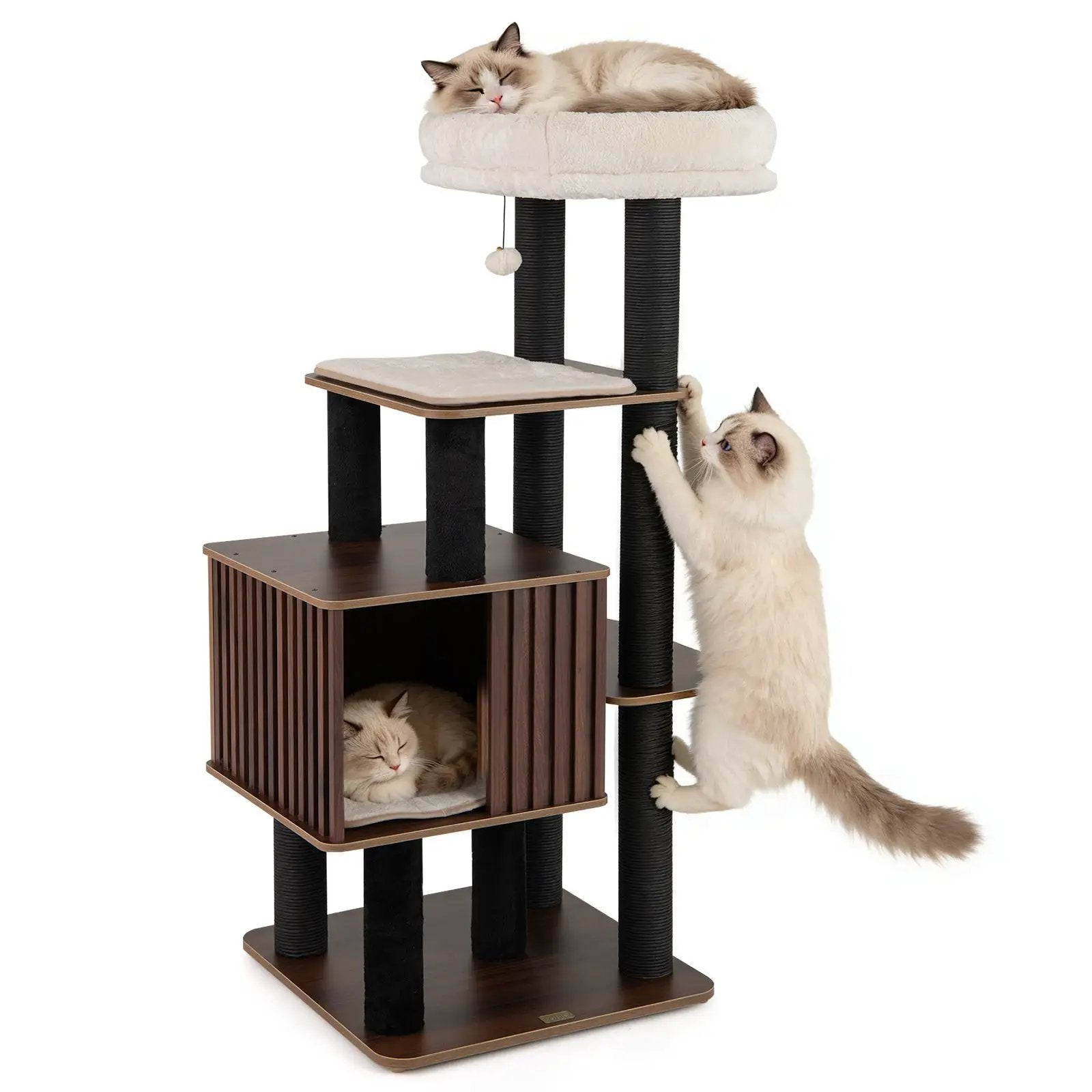53.5 inch Tall Cat Tree for Indoor Cat Wooden Cat Tower Top Perch with Soft Padding-Brown by DirectDeals