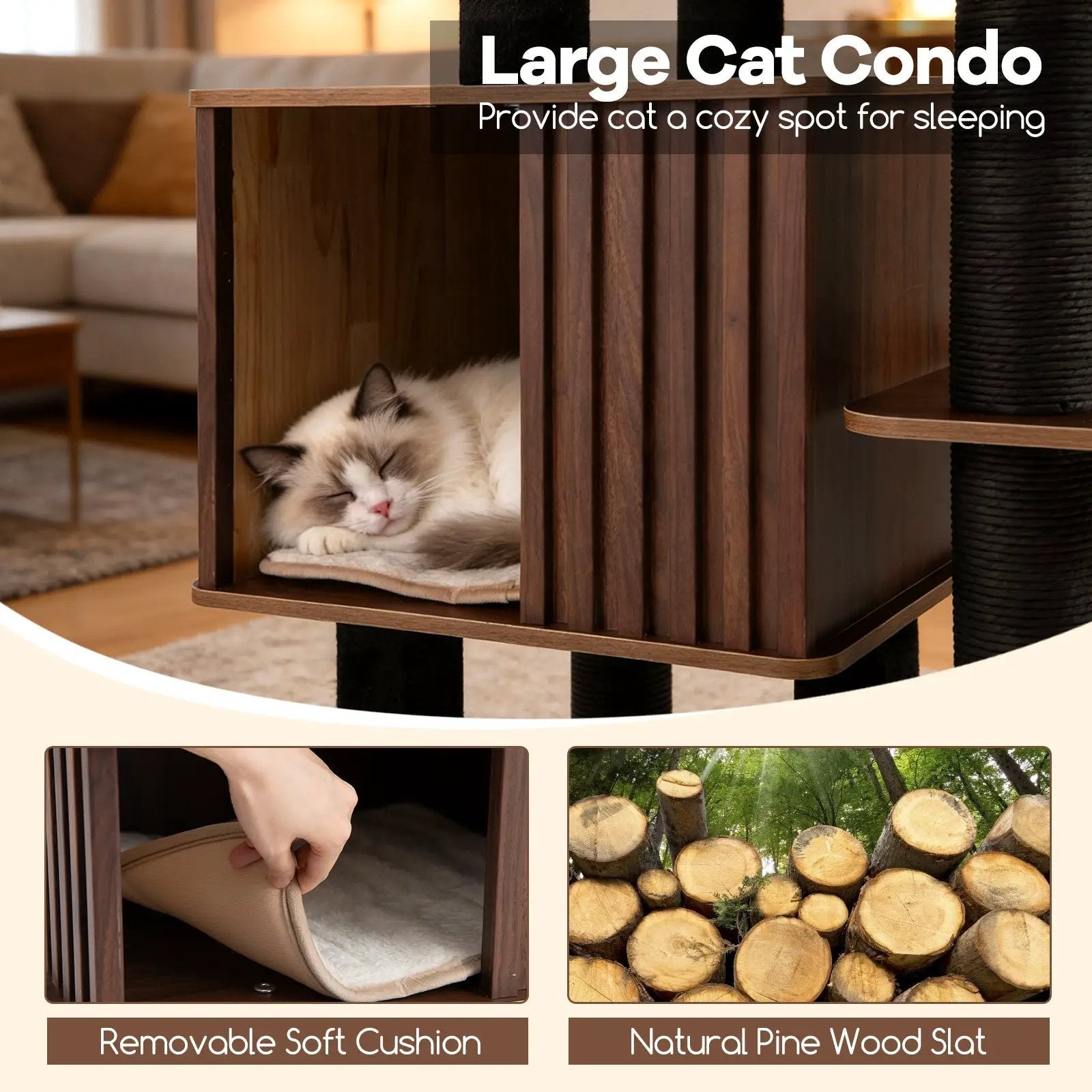 53.5 inch Tall Cat Tree for Indoor Cat Wooden Cat Tower Top Perch with Soft Padding-Brown by DirectDeals