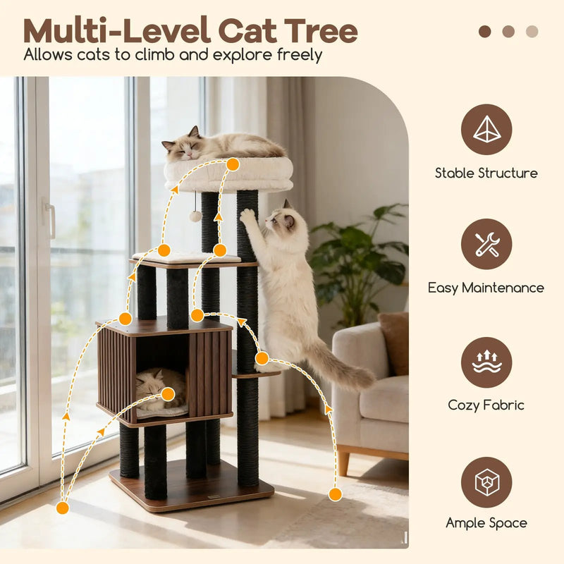 53.5 inch Tall Cat Tree for Indoor Cat Wooden Cat Tower Top Perch with Soft Padding-Brown by DirectDeals