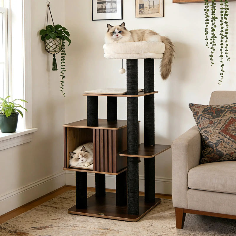 53.5 inch Tall Cat Tree for Indoor Cat Wooden Cat Tower Top Perch with Soft Padding-Brown by DirectDeals