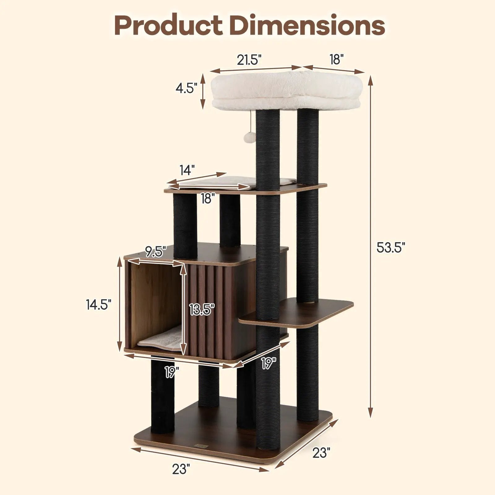 53.5 inch Tall Cat Tree for Indoor Cat Wooden Cat Tower Top Perch with Soft Padding-Brown by DirectDeals