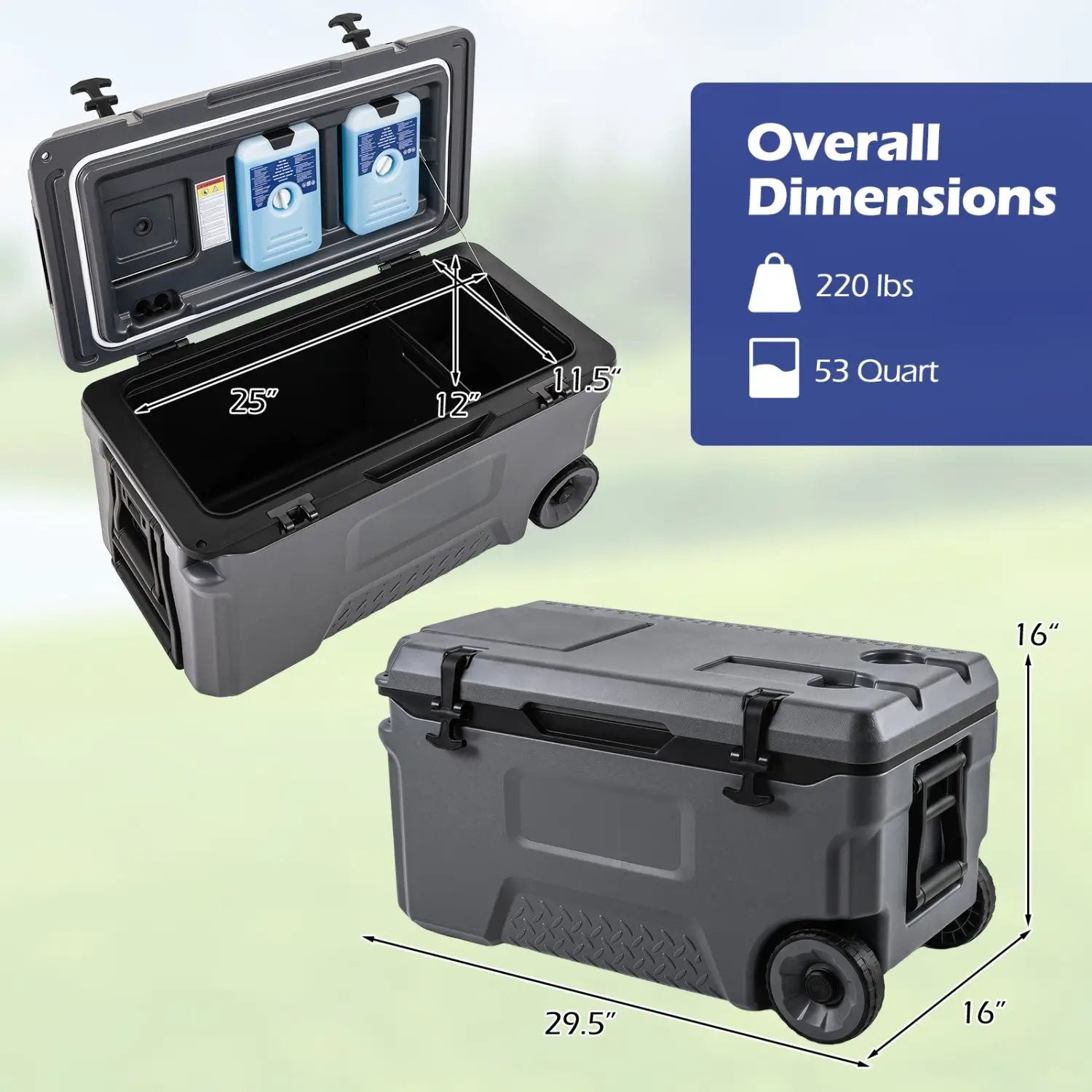 53 Quart Rolling Cooler with Wheels and Fish Ruler by DirectDeals