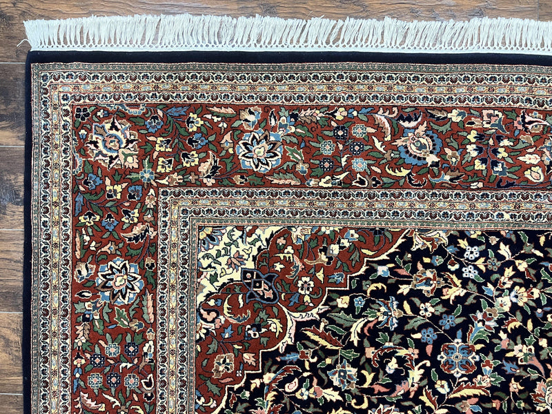 Indo Persian Rug 8x10, Floral Medallion, Vintage Handmade Wool Carpet, Navy Blue and Red, Fine 300 KPSI by Jewel Rugs