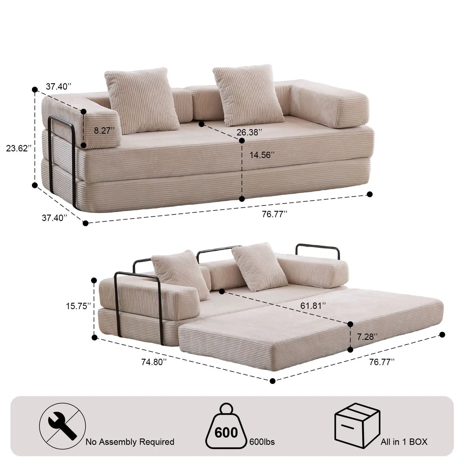 Floor Couch, Convertible Floor Sofa Bed With Pillow Back Support Armrest by HouseOfZazla