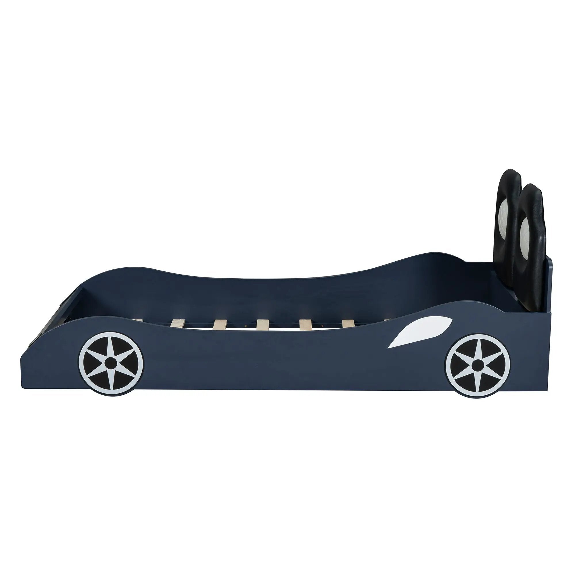 Race Car Shaped Platform Bed With LED And Upholstered Backrest In by HouseOfZazla