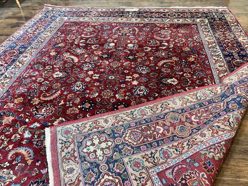 Signed Persian Mashad Rug 8x10, Wool Oriental Carpet, Semi Antique Rug, Hand Knotted, Traditional, Red, Floral Allover, by Jewel Rugs