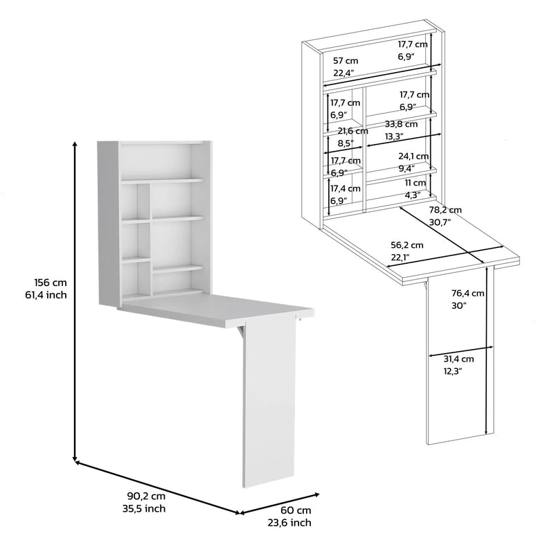 Wall Foldable Table With Multiple Shelves - White by HouseOfZazla