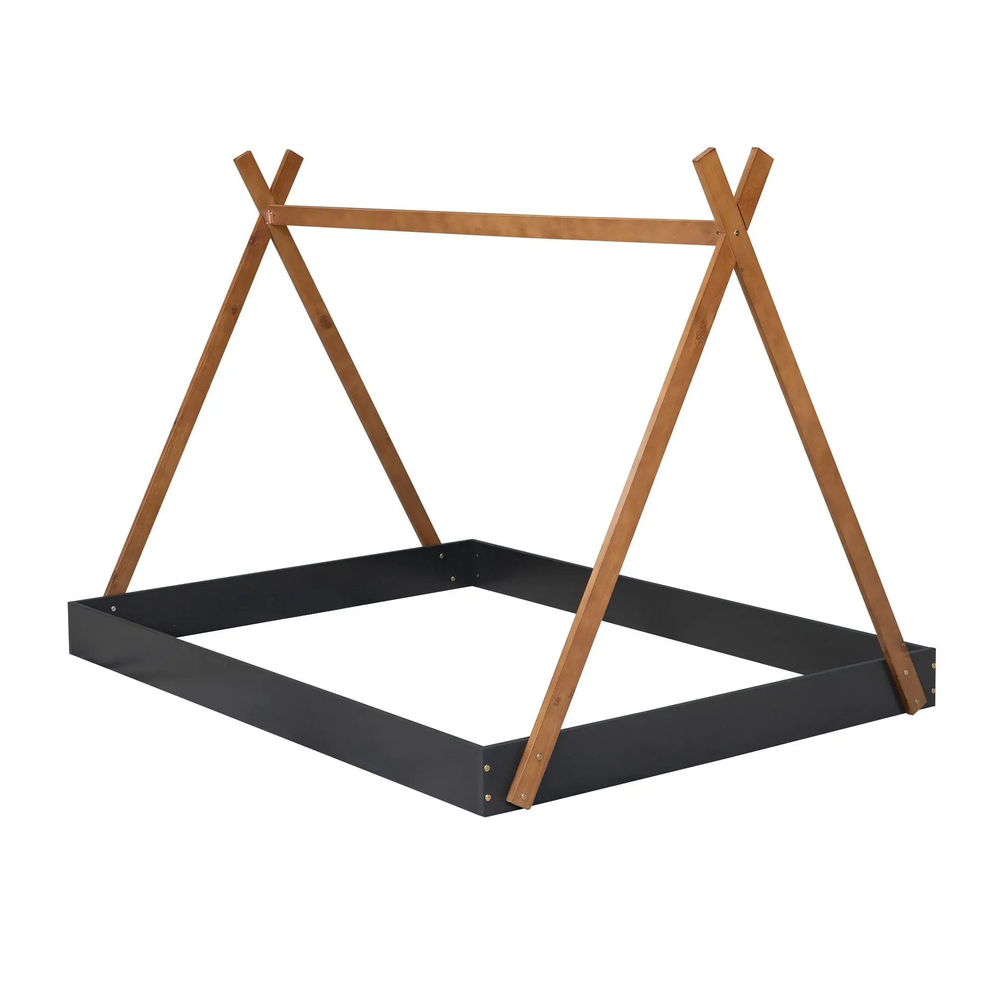 Full Size Tent Floor Bed With Triangle Structure, Low Profile Design - Black / Brown by HouseOfZazla