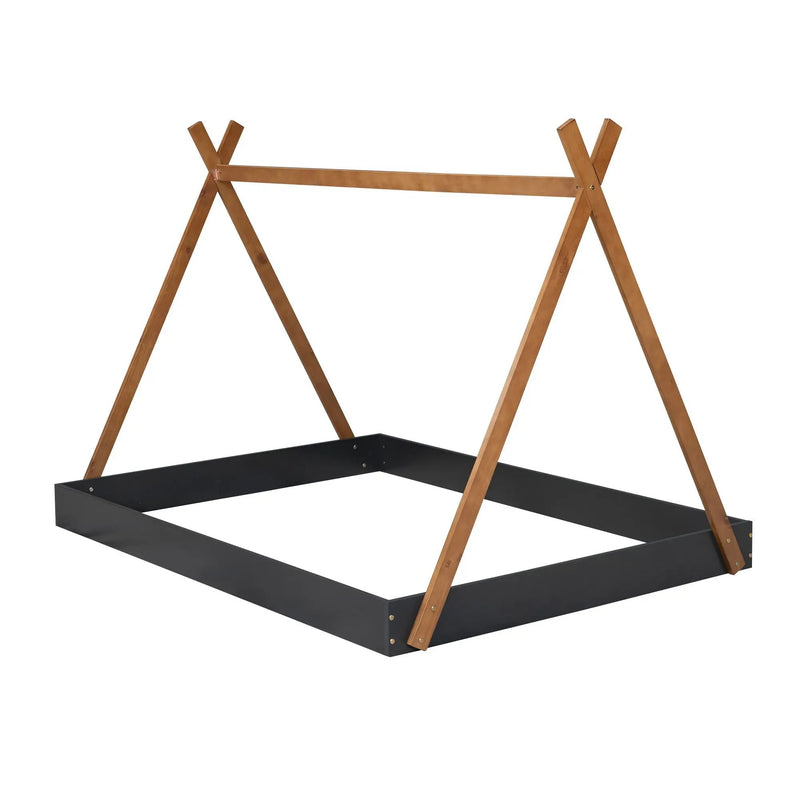 Full Size Tent Floor Bed With Triangle Structure, Low Profile Design - Black / Brown by HouseOfZazla