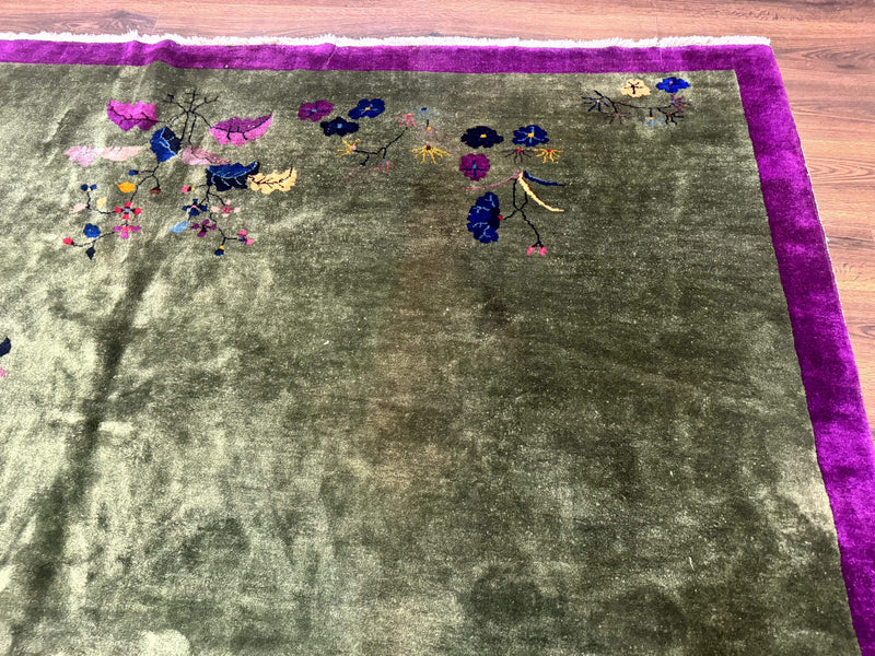 Antique Chinese Nichols Rug 9x12 - Rare Green and Purple Art Deco Carpet by Jewel Rugs