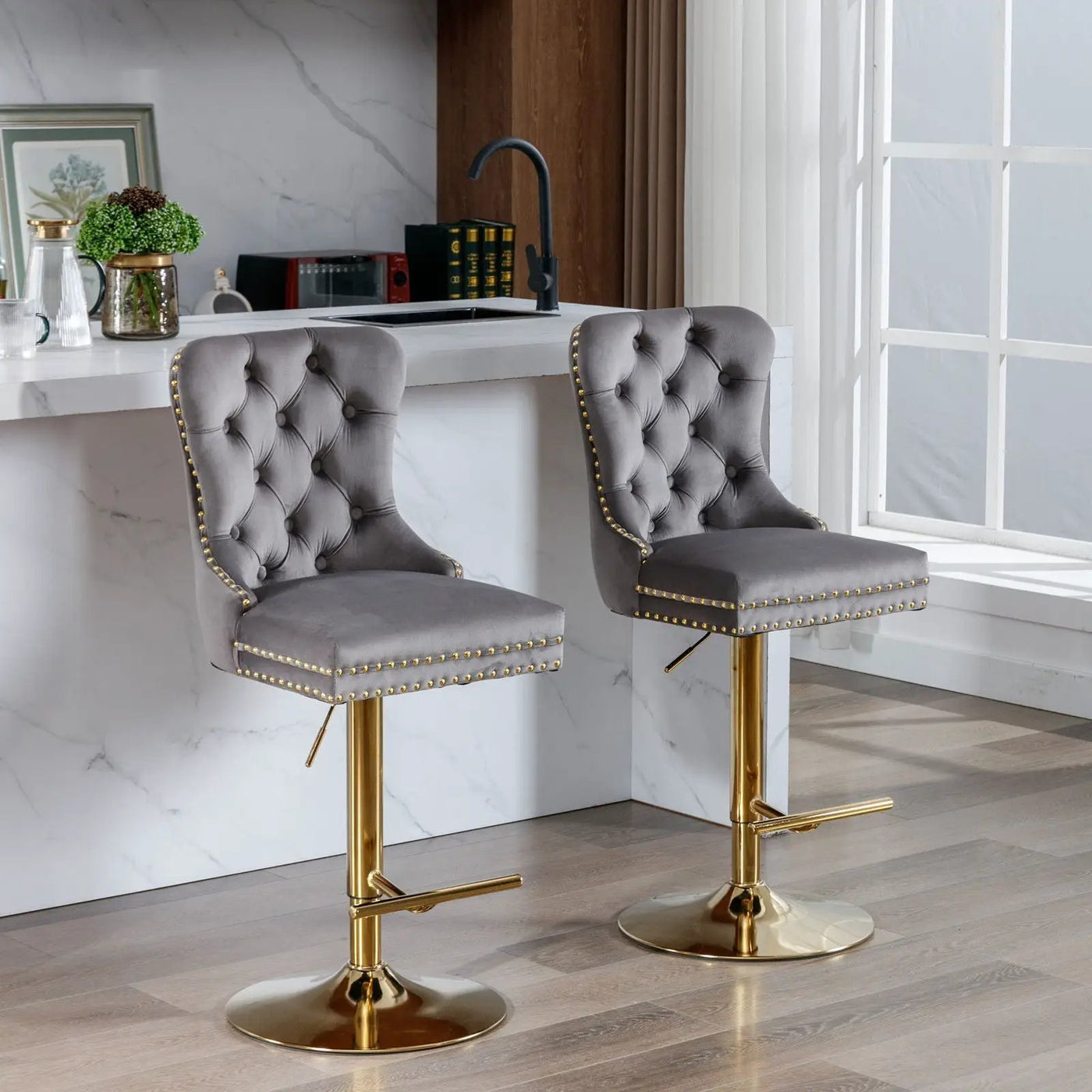 Thick Swivel Barstools Adjusatble Seat Height From 25-33", Modern Upholstered Bar Stools With Backs Comfortable Tufted For Home Pub And Kitchen Island (Set of 2) by HouseOfZazla