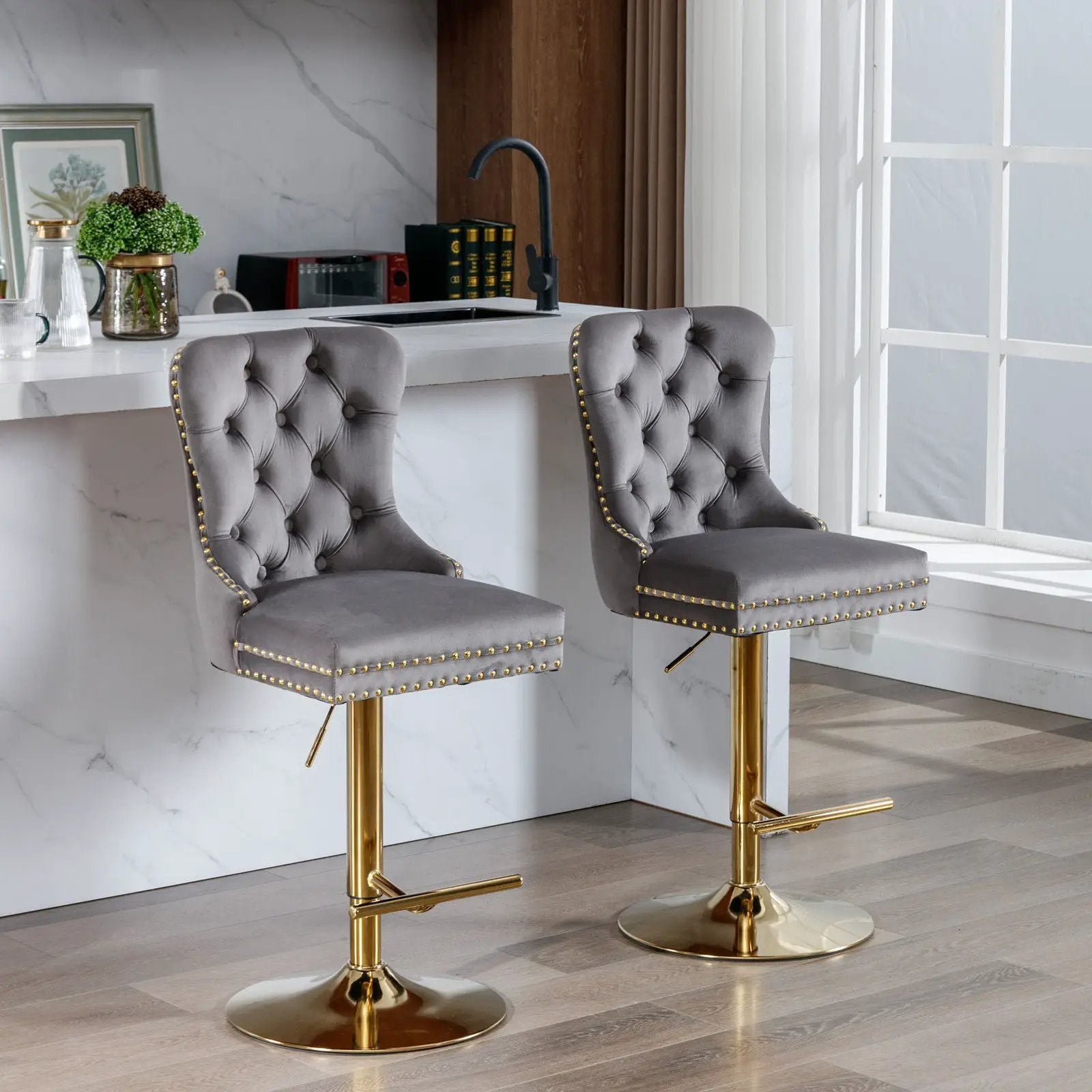 Thick Swivel Barstools Adjusatble Seat Height From 25-33", Modern Upholstered Bar Stools With Backs Comfortable Tufted For Home Pub And Kitchen Island (Set of 2) by Unique Piece Furniture