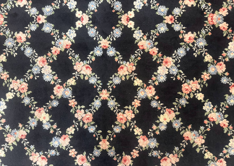 8.8 x 12 Karastan Garden of Eden Rug, Ebony Trellis #509/1270, Black, Floral, Wool Pile, Vintage, Discontinued by Jewel Rugs