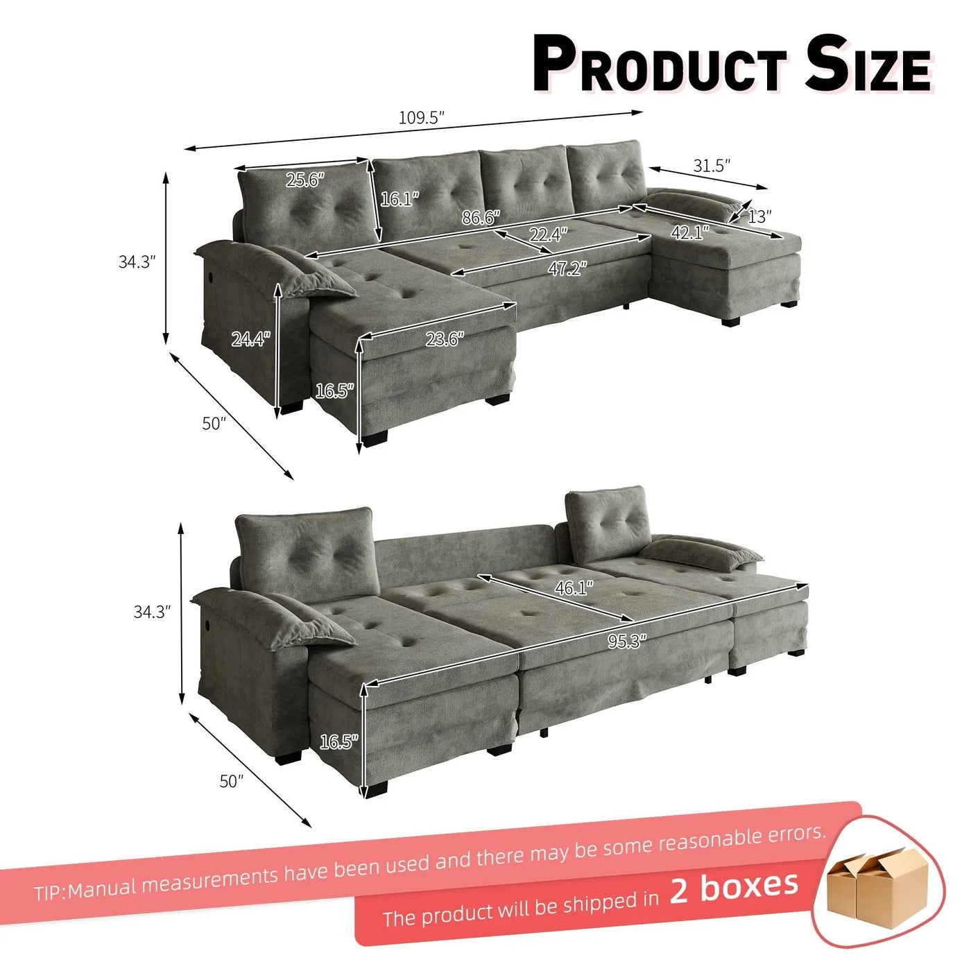 U-Shaped Sleeper Sofa With Pull Out Bed, Removable Armrests & USB Ports For Living Room by HouseOfZazla