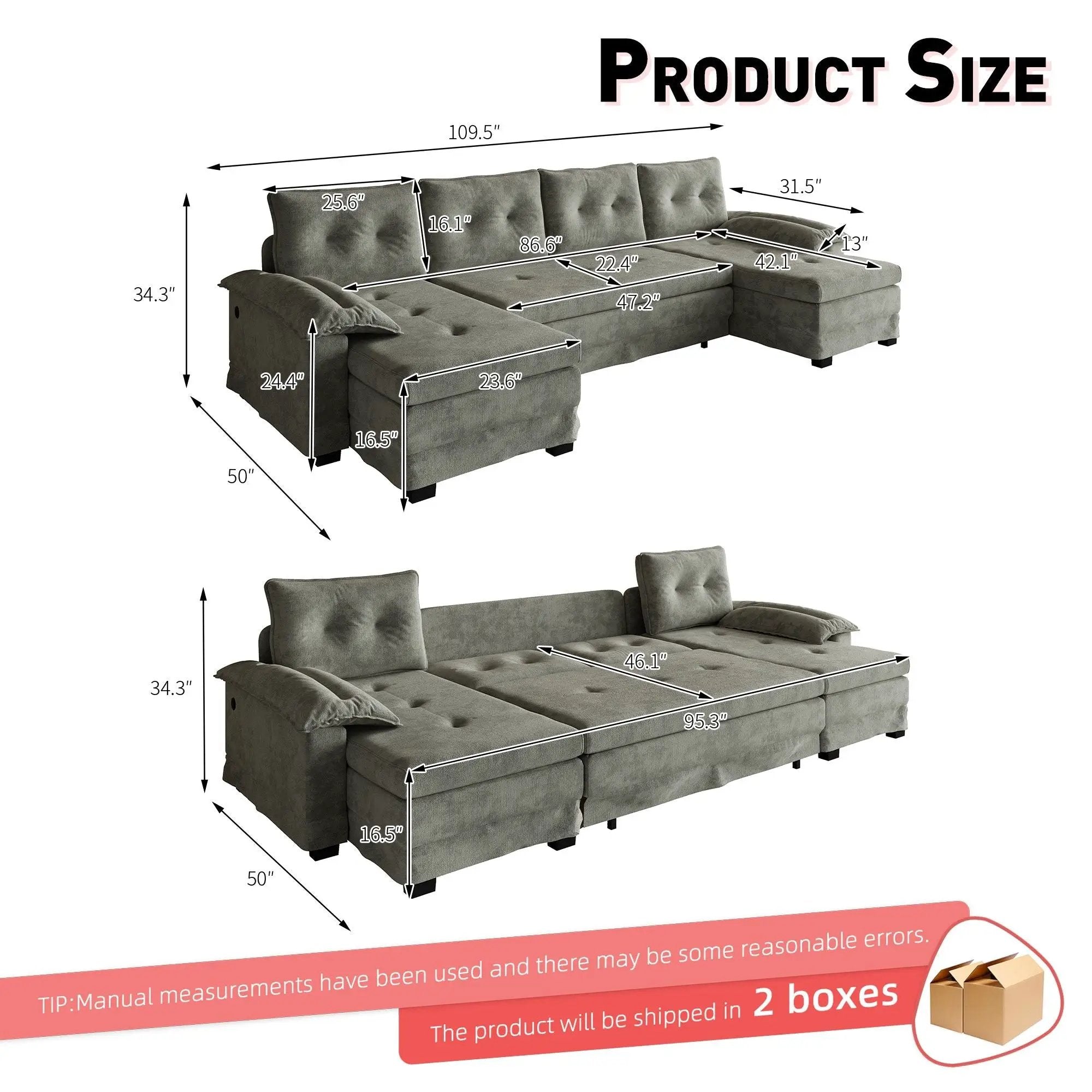 U-Shaped Sleeper Sofa With Pull Out Bed, Removable Armrests & USB Ports For Living Room by HouseOfZazla
