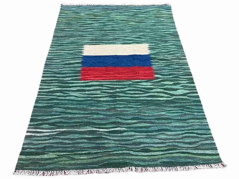 Sea Green Kilim Area Rug, White Blue Red Stripes, Russian Flag Rug, Flatweave Hand Knotted Carpet, Turkish Carpet, Wool, New, 5' 6" x 7' 10" by Jewel Rugs