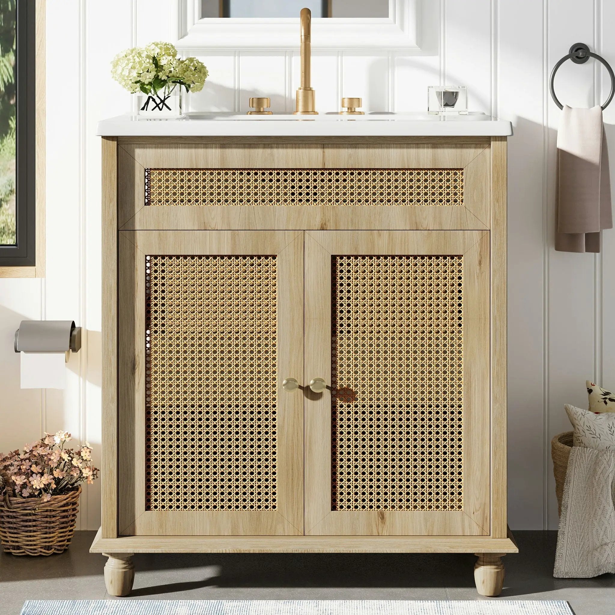 Bathroom Vanity With Handwoven Rattan Doors, Resin Basin - Natural Wood by HouseOfZazla