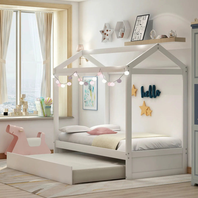 House Bed With Trundle In, Twin Size - White by Unique Piece Furniture