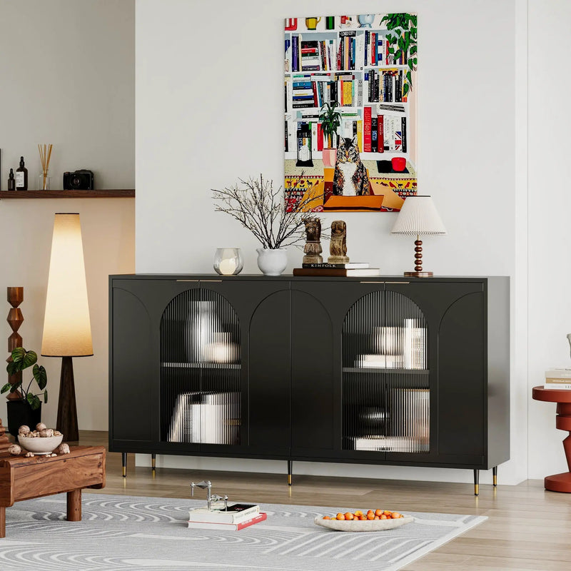 Accent Cabinet Lacquered Wooden Cabinet With 4 Glass Doors Sideboard Buffet Server Cabinet Storage Cabinet, For Living Room, Entryway, Hallway, Office, Kitchen And Dining Room by Unique Piece Furniture
