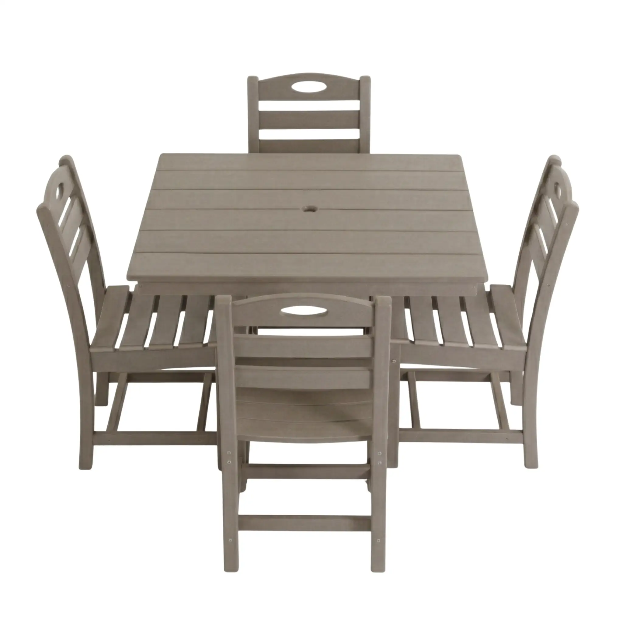 Antique Wood Color HDPE 5-Piece Outdoor Patio Dining Set with Square Table and 4 Armless Chairs, Umbrella Hole by HouseOfZazla