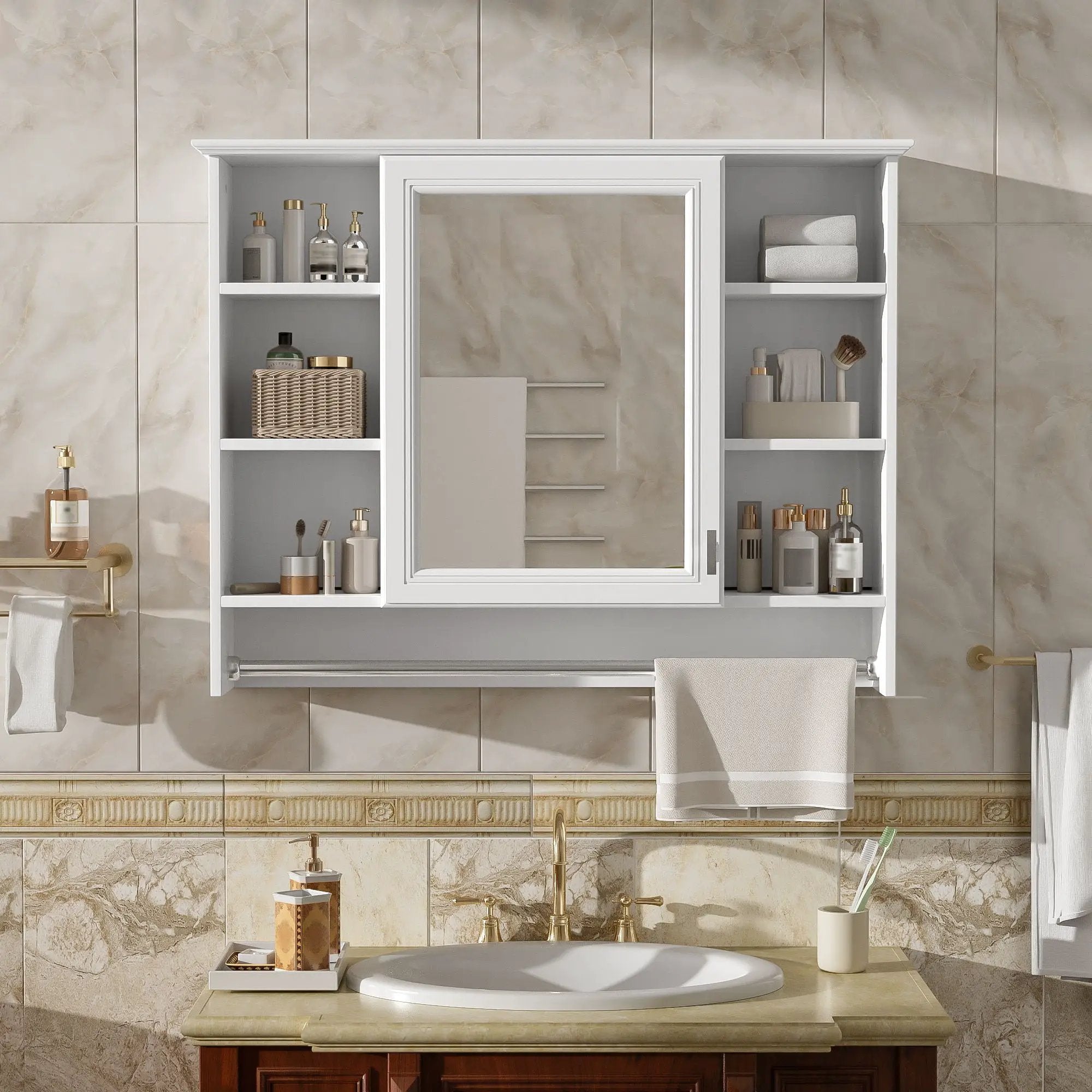 Modern Wall Mounted Mirror Cabinet With Adjustable Shelf, Soft Close Door, And Towel Bar by Unique Piece Furniture