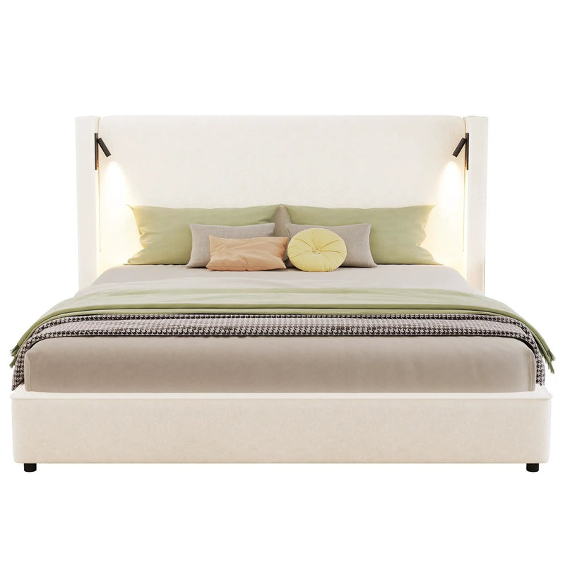 California King Size Upholstered Bed Frame with High Wingback Headboard, Reading Lamp and USB Port by HouseOfZazla