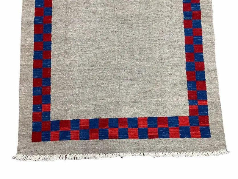 5' 7" x 7' 9" Geometric Kilim Carpet, Gray, Handmade, Hand-Knotted Area Rug, Blue & Red, Flatweave, Wool, New, Checkerboard Pattern by Jewel Rugs