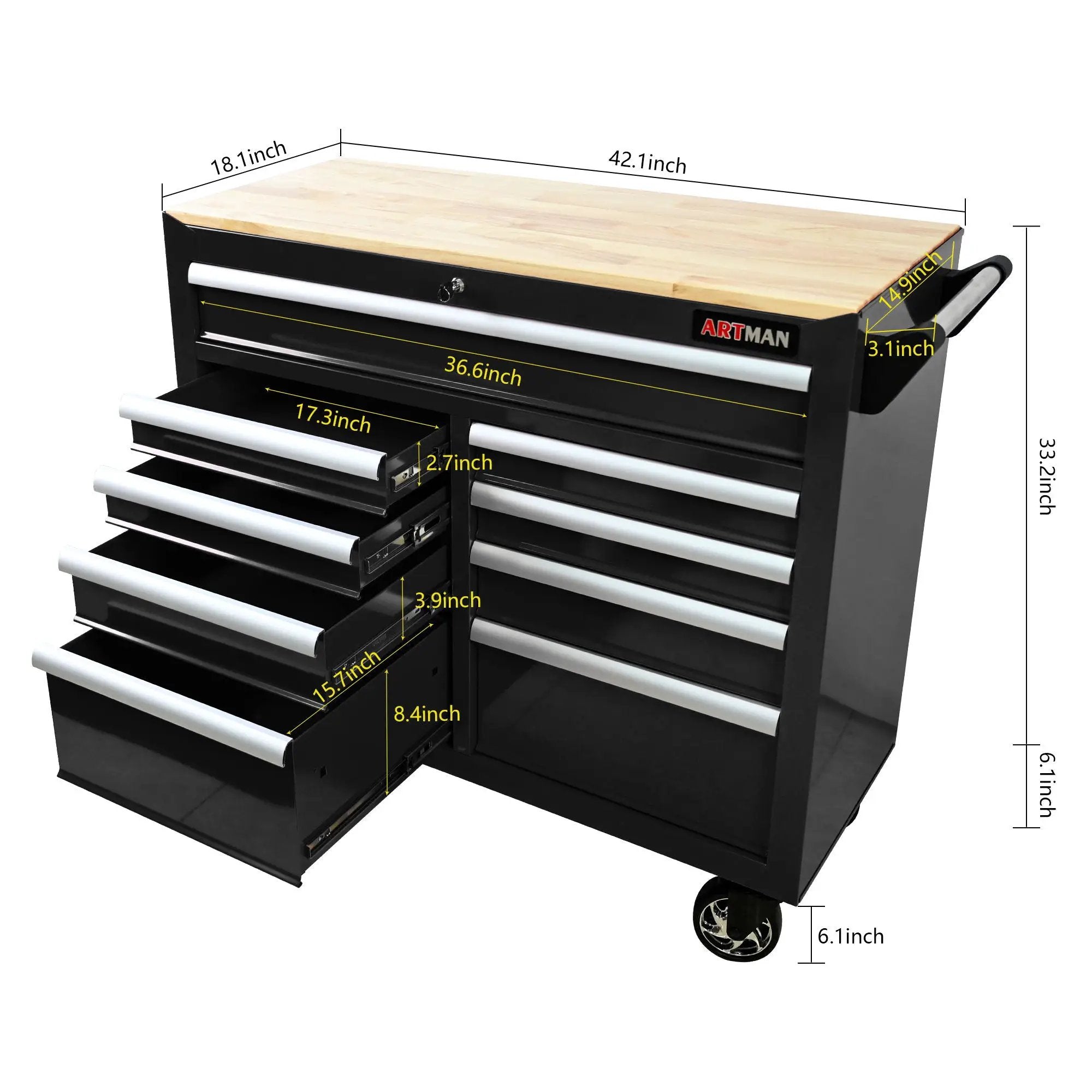 9 Drawer Multifunctional Steel Tool Cart With Wheels And Wooden Top by HouseOfZazla