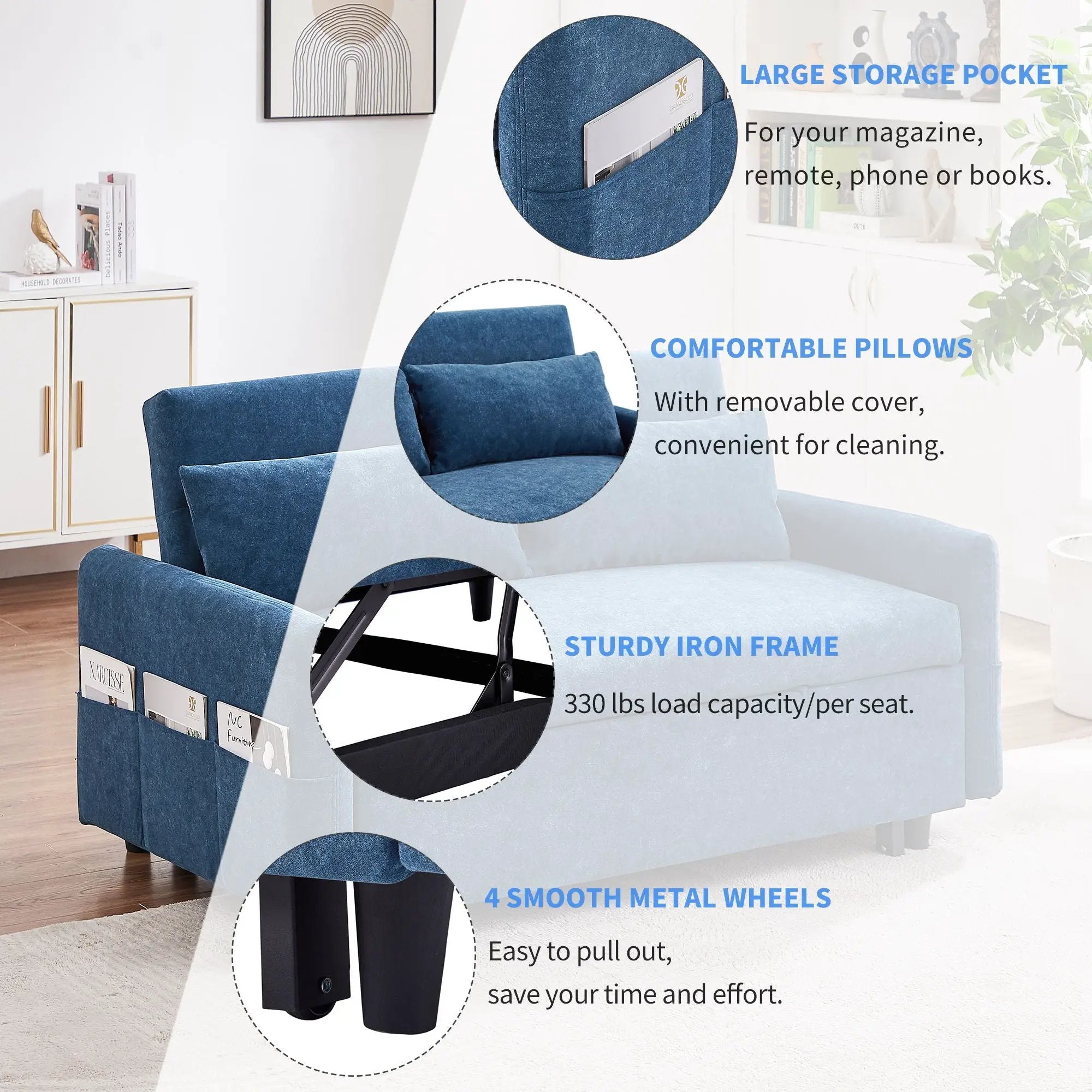 Pull Out Sleep Sofa Bed Loveseats Sofa Couch With Adjsutable Backrest, Storage Pockets, 2 Soft Pillows, USB Ports For Living Room, Bedroom, Apartment, Office by Unique Piece Furniture