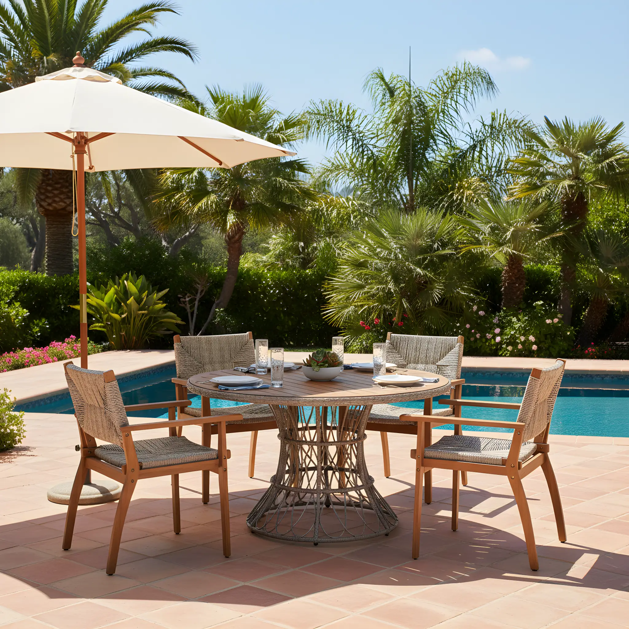 5-Piece Outdoor Dining Set: Brown Round Acacia Wood Table & 4 Brown Wicker Armchairs by HouseOfZazla