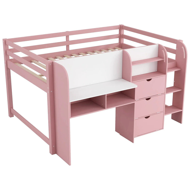 Low Loft Bed With Built In Desk, Storage Cabinets, Open Bookcase And Doodle board by Unique Piece Furniture