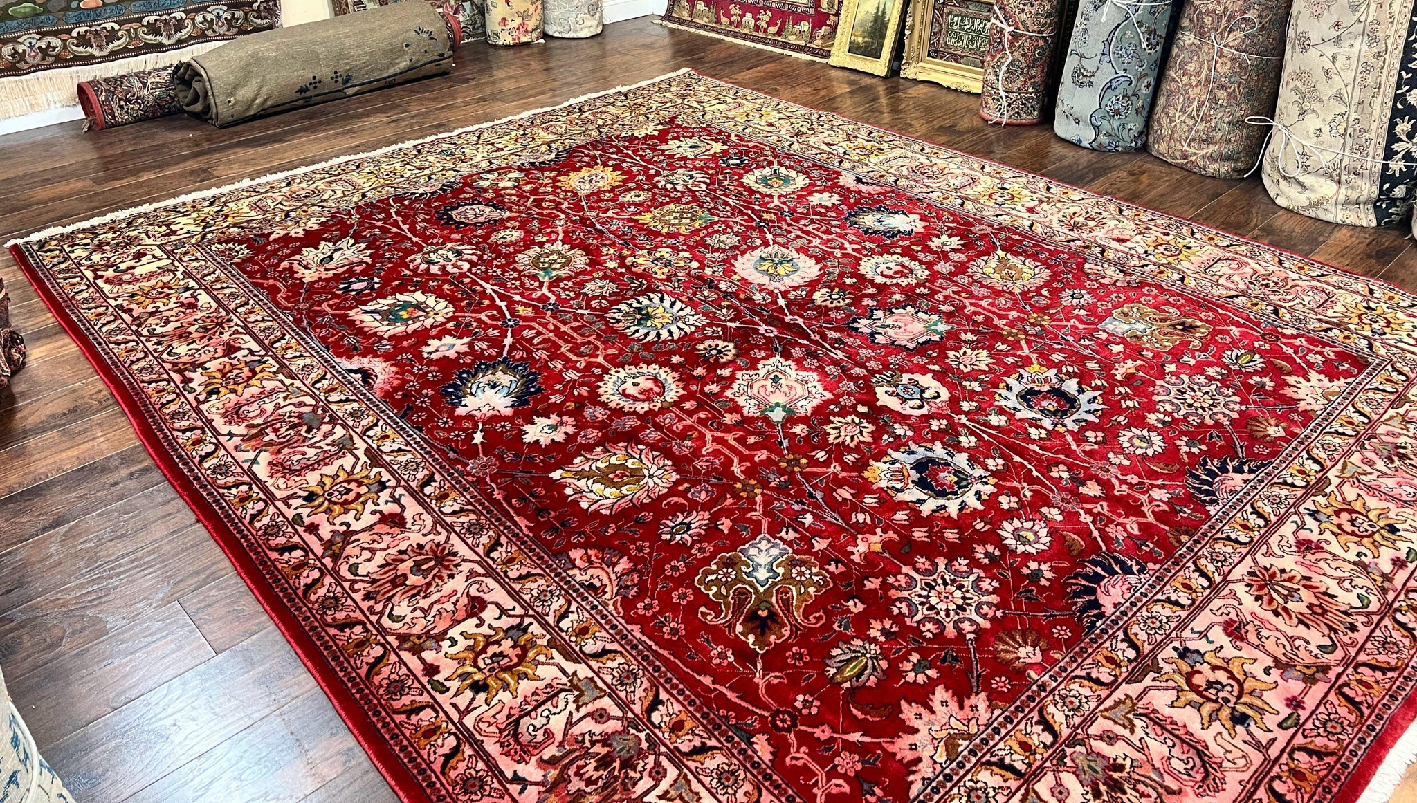 Persian Tabriz Rug 10x12, Floral Allover, Handmade Vintage Wool Carpet, Red and Cream by Jewel Rugs