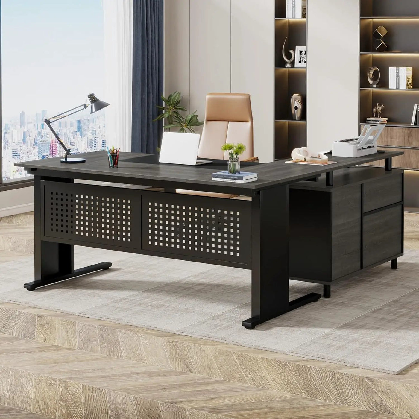 L-Shaped Executive Desk With File Cabinet, Office Workstation With Drawers, Shelves & Storage by HouseOfZazla