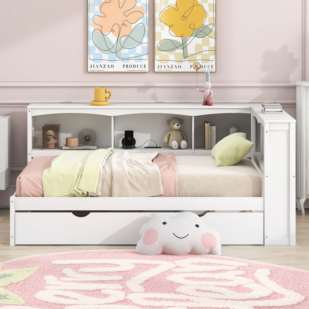 Twin Trundle Bed with Storage Cabinets and USB Ports - White or Light Brown, photo 11 of 29