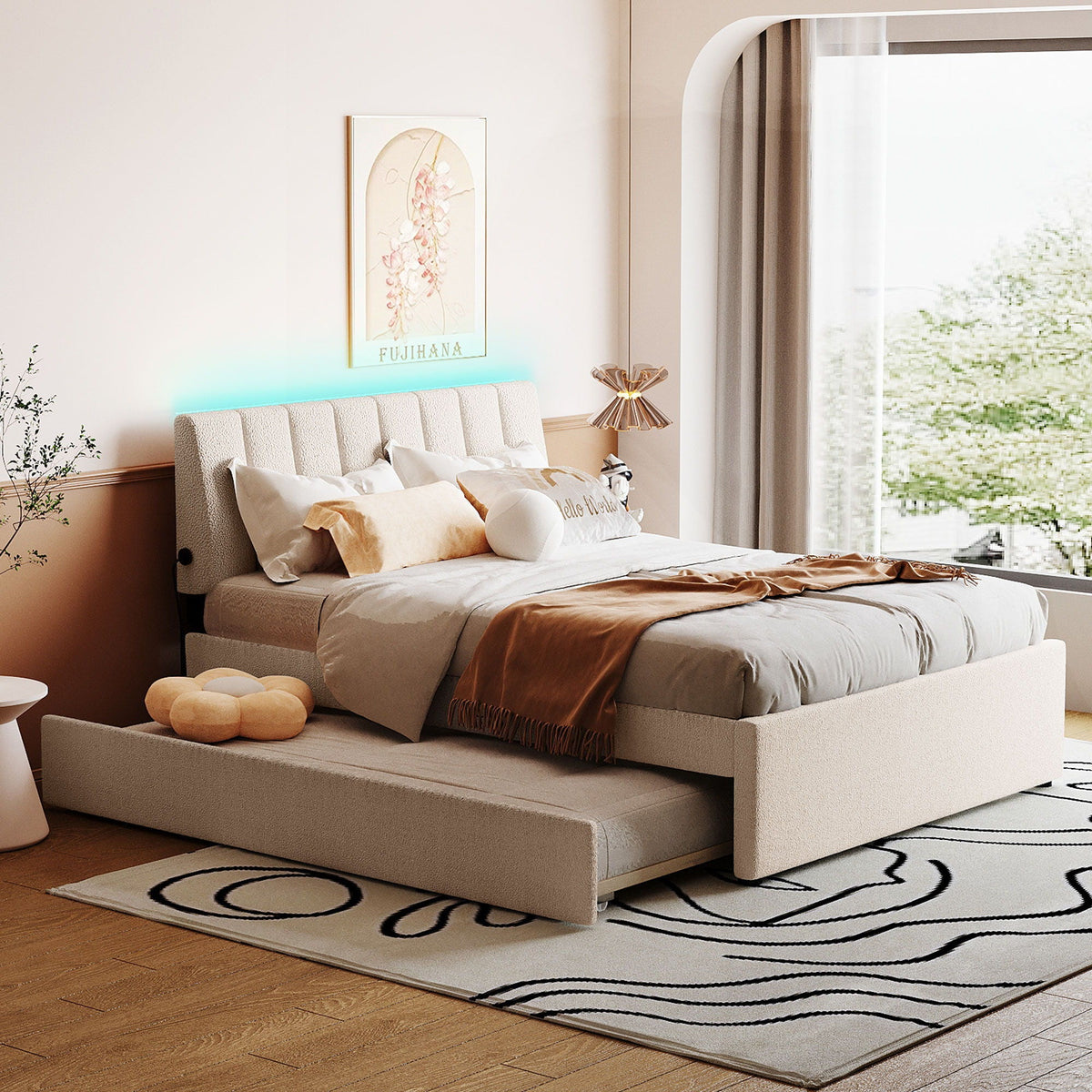 Upholstered Platform Bed With Trundle and LED Lights - Full or Queen