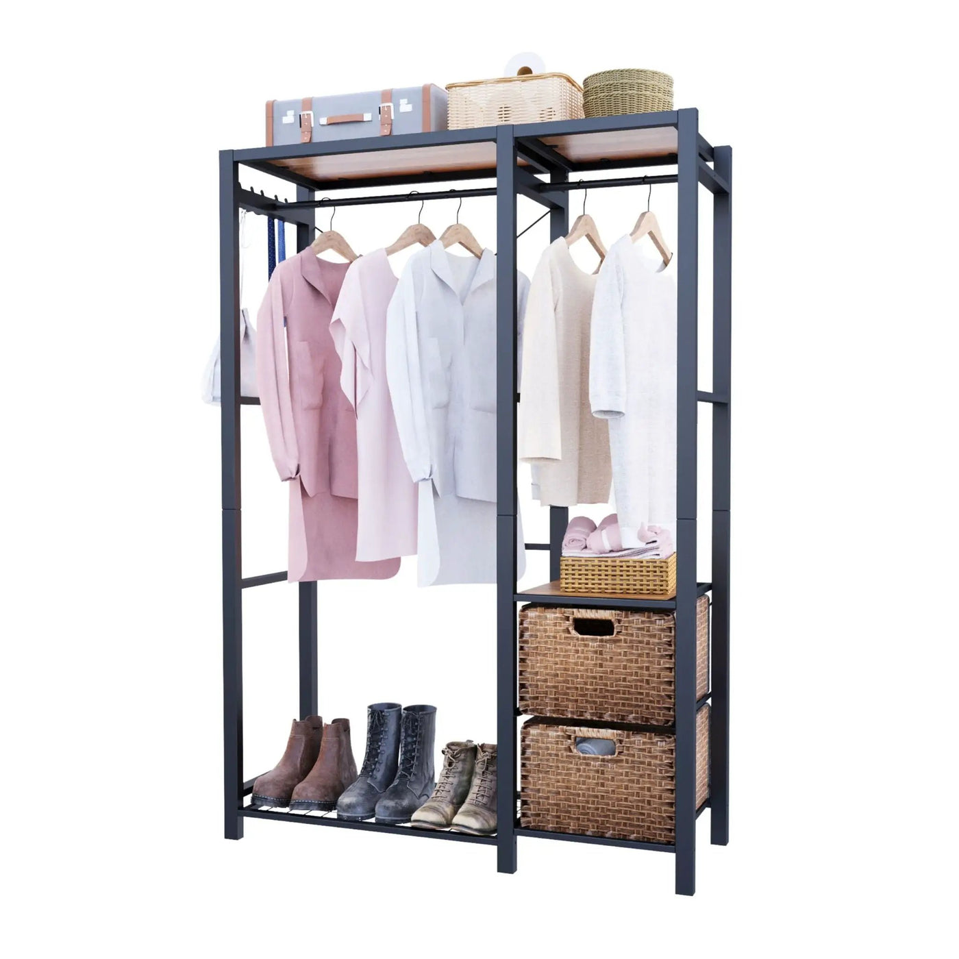 Garment Rack With Shelves, 2 Wicker Drawers, 4 Hooks Organizer by HouseOfZazla