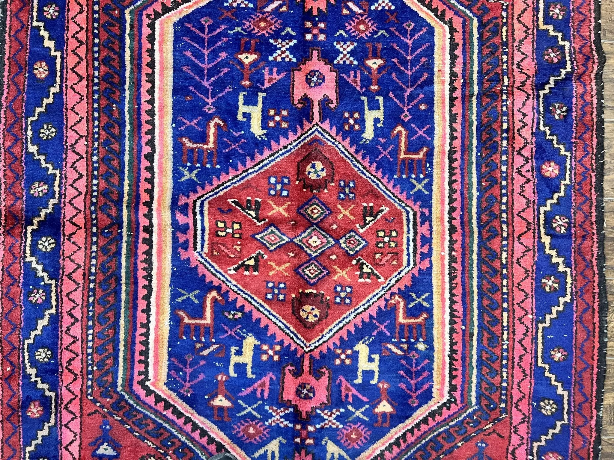 Persian Tribal Rug 5x7, Wool Handmade Vintage Hamadan Nahavand Carpet, Red & Navy Blue, Animal Motifs, Geometric Oriental Rug 5 x 7 by Jewel Rugs