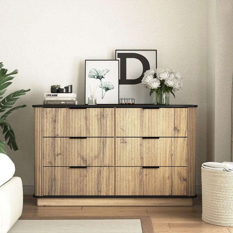 Modern 6 Drawer Cabinet With Metal Rounded Corners And Exquisite Handles Multi Functional Storage - Natural Wood by Unique Piece Furniture
