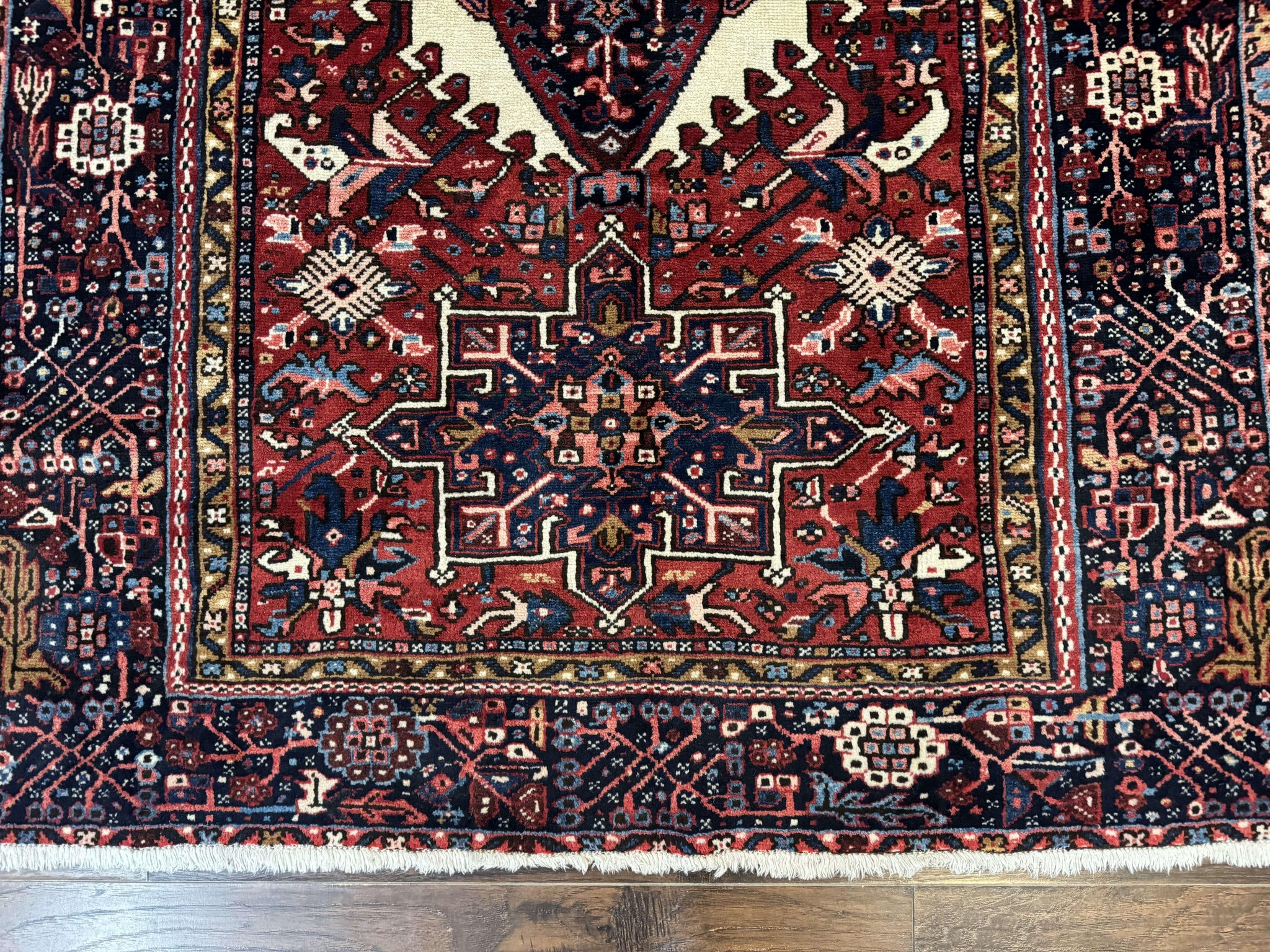Persian Karajeh Rug 5x6, Antique Heriz Carpet, Geometric, Persian Tribal Rug, Brick Red Navy Blue by Jewel Rugs