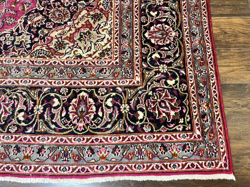 Persian Rug 10x13, Wool Hand Knotted Antique Kashmar Carpet, Raspberry Red & Navy Blue, Floral Medallion, Traditional Oriental Rug 10 x 13 by Jewel Rugs