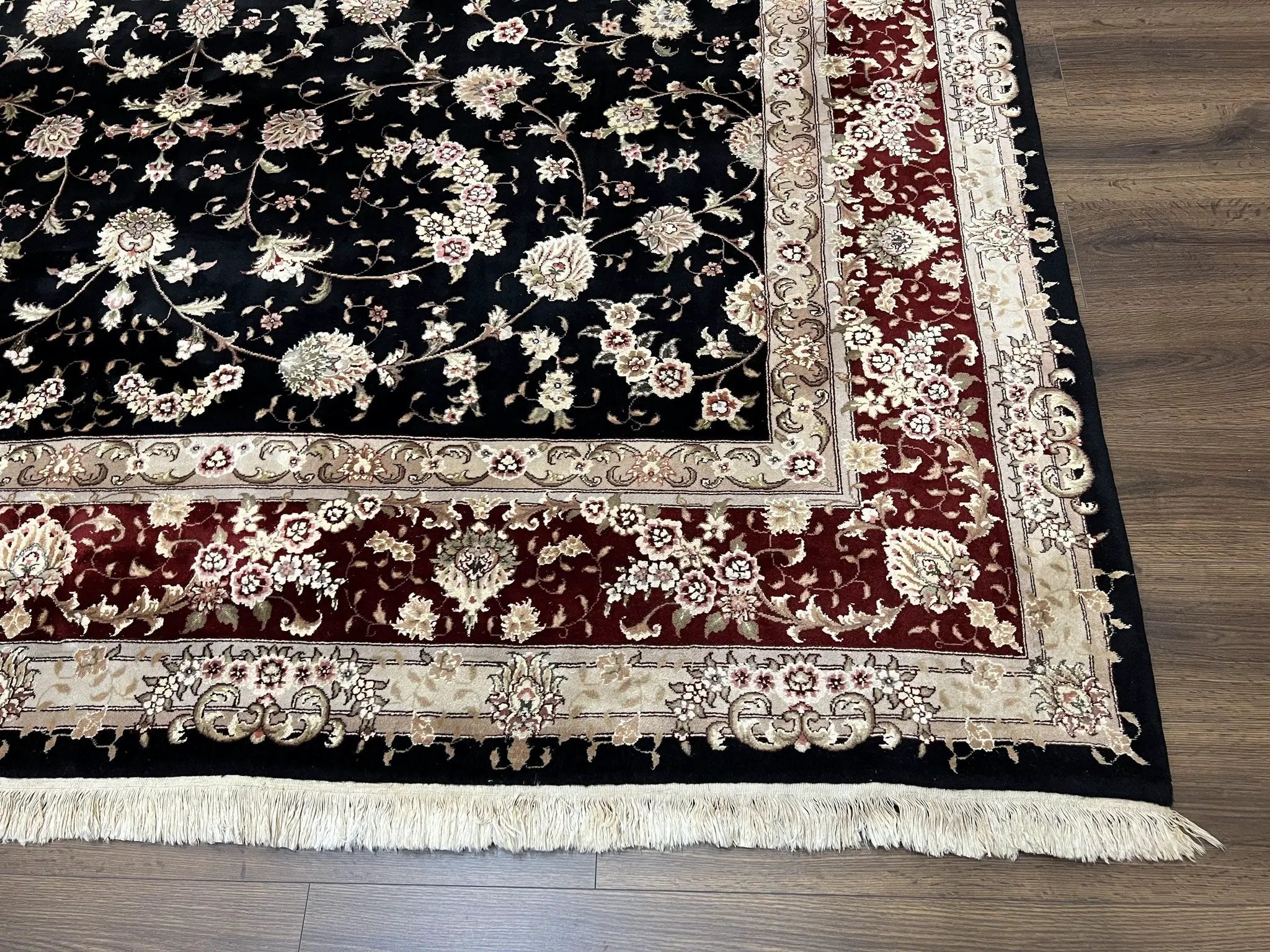Sino Persian Rug 9x12, High Quality Oriental Carpet, Black and Maroon, Wool and Silk, Allover Floral Pattern, Hand Knotted, Vintage Rug Nice by Jewel Rugs
