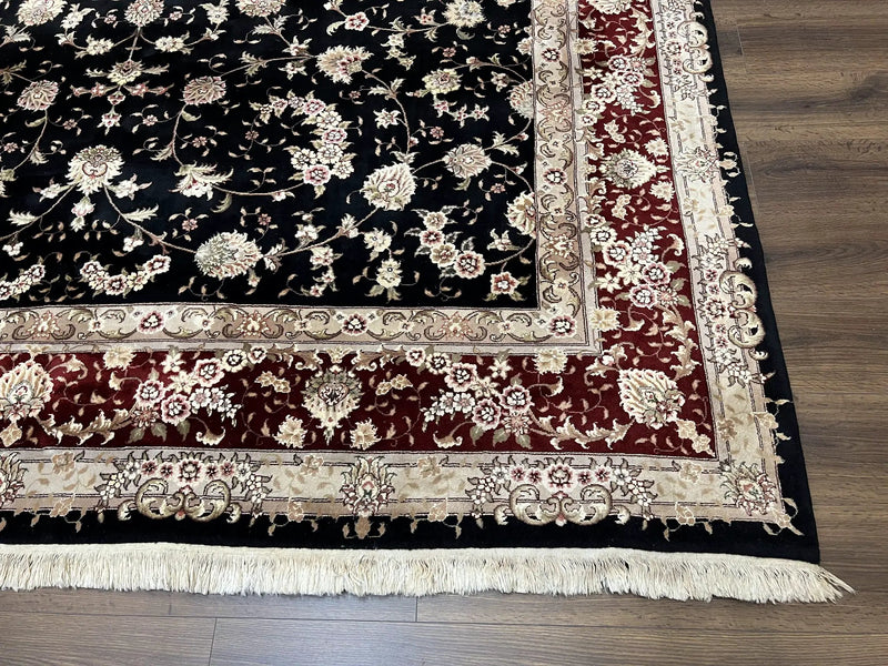 Sino Persian Rug 9x12, High Quality Oriental Carpet, Black and Maroon, Wool and Silk, Allover Floral Pattern, Hand Knotted, Vintage Rug Nice by Jewel Rugs
