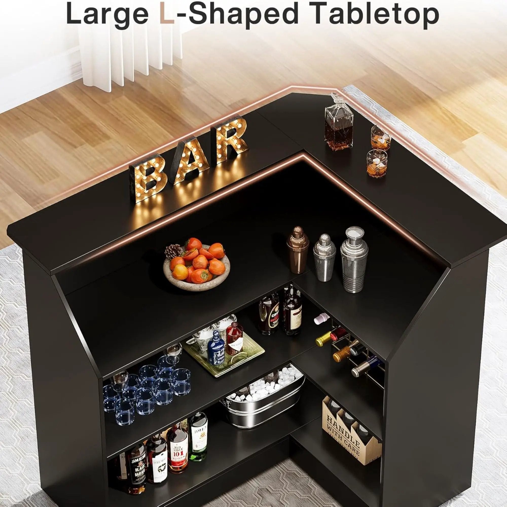 L-Shaped Home Bar Cabinet With Stemware Racks, 4 Tier Corner Unit, Liquor Wine Bar Table & Reception Desk For Home Pub - Black by HouseOfZazla